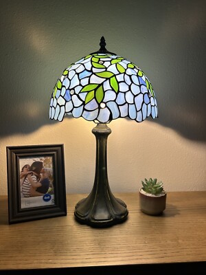 Tiffany Style Table Lamp Blue Stained Glass Green Leave LED Bulb Include  H19*W12
