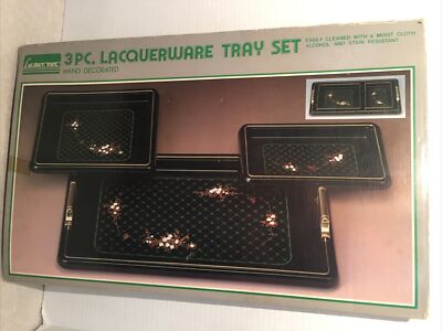 3 Pc Lacquerware Tray Set Japan New Floral With Green