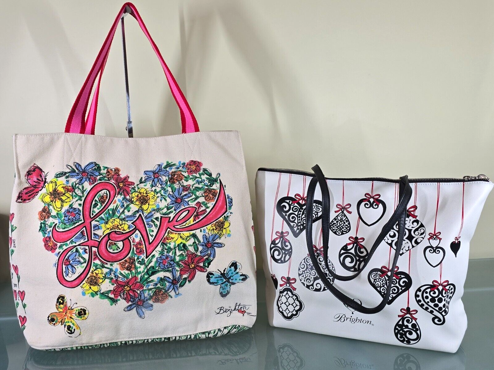 Lot of 2 BRIGHTON Love Tweet Hearts Bird Flowers Tote Beach Bags