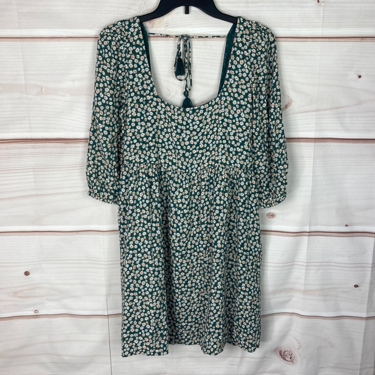 American Eagle Dress Womens S Green Square Neck Daisy Mini Scoop Back 3/4  Sleeve | eBay
