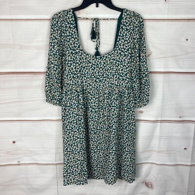 American Eagle Dress Womens S Green Square Neck Daisy Mini Scoop Back 3/4 Sleeve
