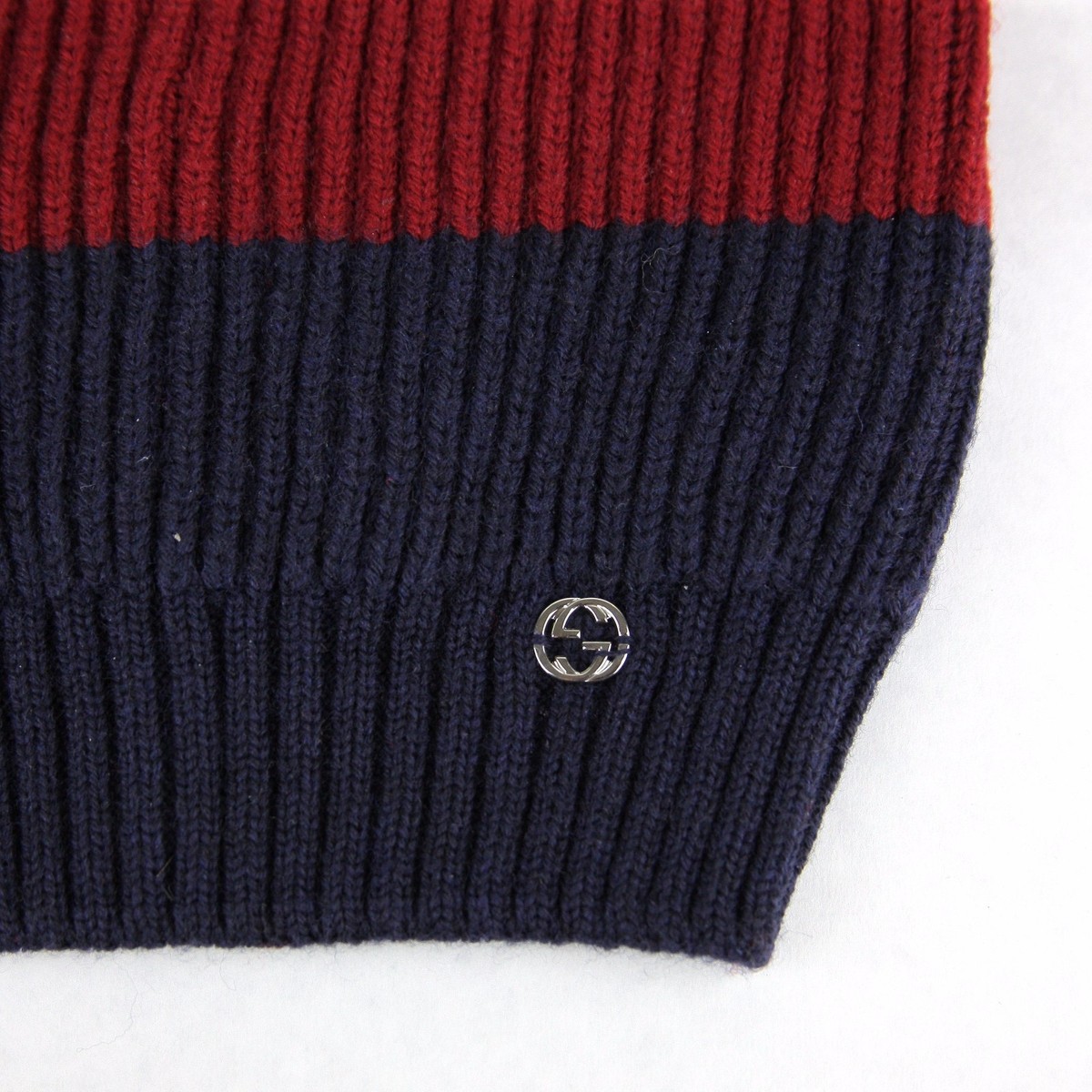 New Gucci Blue Red Blue Wool Beanie Hat Interlocking G Detail