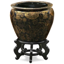 US Seller - 12 Inch Black and Gold Floral Design Chinese Fishbowl Planter
