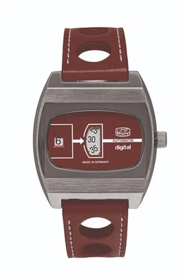 UMF Ruhla digital Jumping Hour Automatik Scheibenuhr 70er  Design 1434-5 rot - Bild 1 von 4