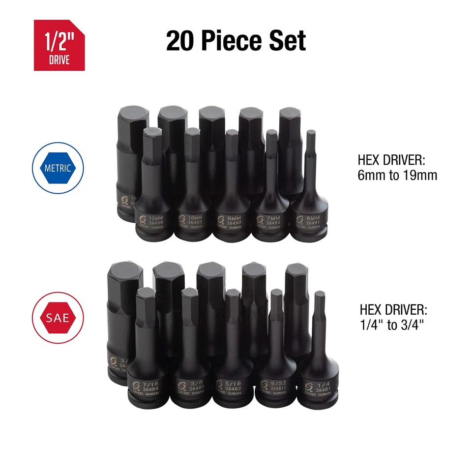 2637, 1/2" Drive Master Impact Hex Driver Set, 20Piece, SAE/Metric, 1/4" - 3/... - Image 2 of 4