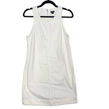 J Crew 4 White Denim Shift Dress Crew Neck Sleeveless Pockets Cotton Keyhole