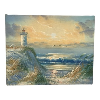 Vintage Nautical Impressionist Oil Painting Lighthouse Ocean Blue Seascape Read