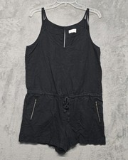 Lou  Grey Romper Womens Sz Medium Black Drawstring Linen Blend Pockets