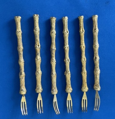 Gold Tone Oyster Shrimp Cocktail Forks Set of 6 Bamboo Design