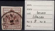 LOMBARDO VENETO 1850 30 CENTESIMI BRUNO LILLACEO II TIPO N.9 US. MARGINATO
