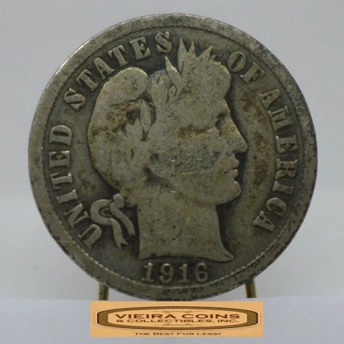 1916-S Barber Silver Dime, 90% Silver - #C55712NQ