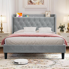 Adjustable Velvet Queen Bed Frame with USB Ports & Wingback Storage, Light Gray