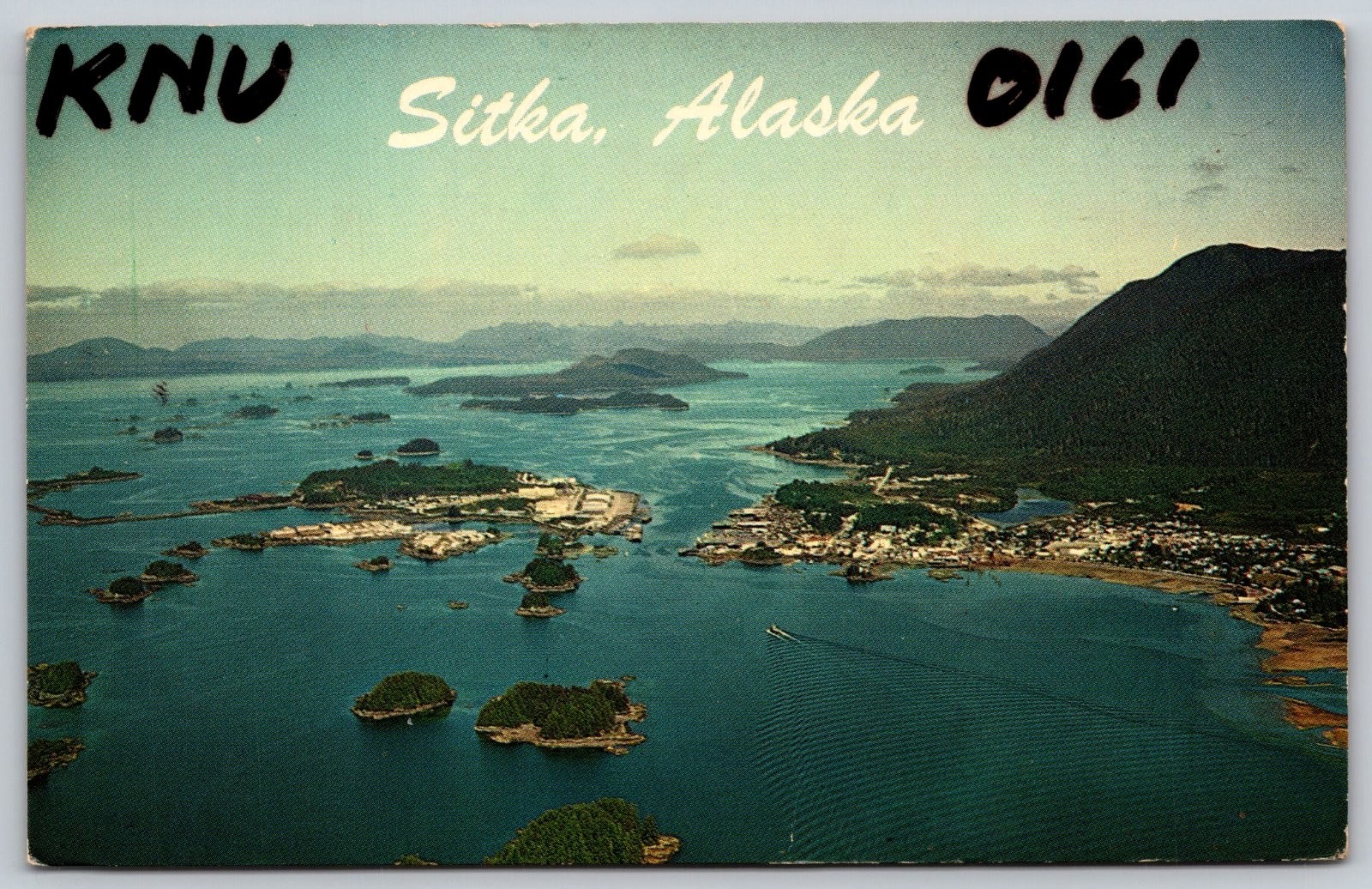 Sitka Sign Sitka Alaska Aerial View Islands Mountains Town J&H Sales Co. Postcard ...