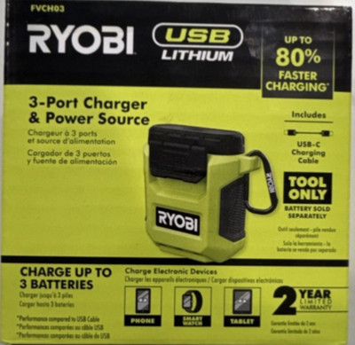 Ryobi USB Lithium 3-Port Charger & Power Source - FVCH03 *NEW *