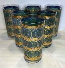 GEORGES BRIARD MCM Barware High Ball Glasses Gold Green Blue 6 RARE