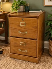 Vintage Retro Oak Veneer 2 Drawer Filing Cabinet With Handles For Office