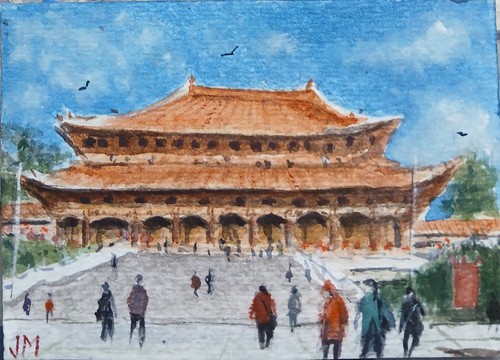 Aceo Original Watercolor Painting  "Hsi Lai Temple, California"