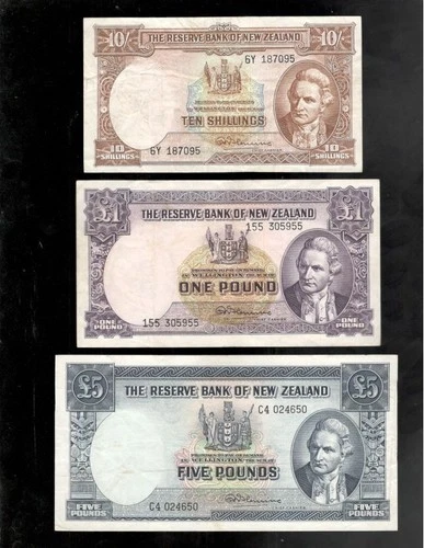 New Zealand, 1956-67, 10/Shillings - £5 Pounds, Lot of 3 Banknotes, CRISP VF+/EF