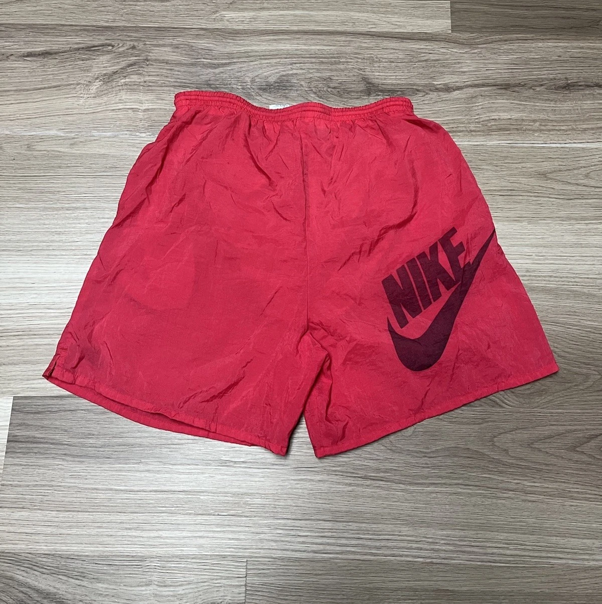 Vintage 90s Nike White Tag Red Nylon Big Logo Running Shorts Swim Trunks SZ M