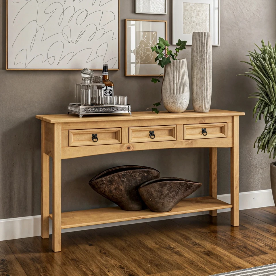 Corona Console Table Hall 3 Drawer Mexican Solid Pine Waxed - Image 4 of 4