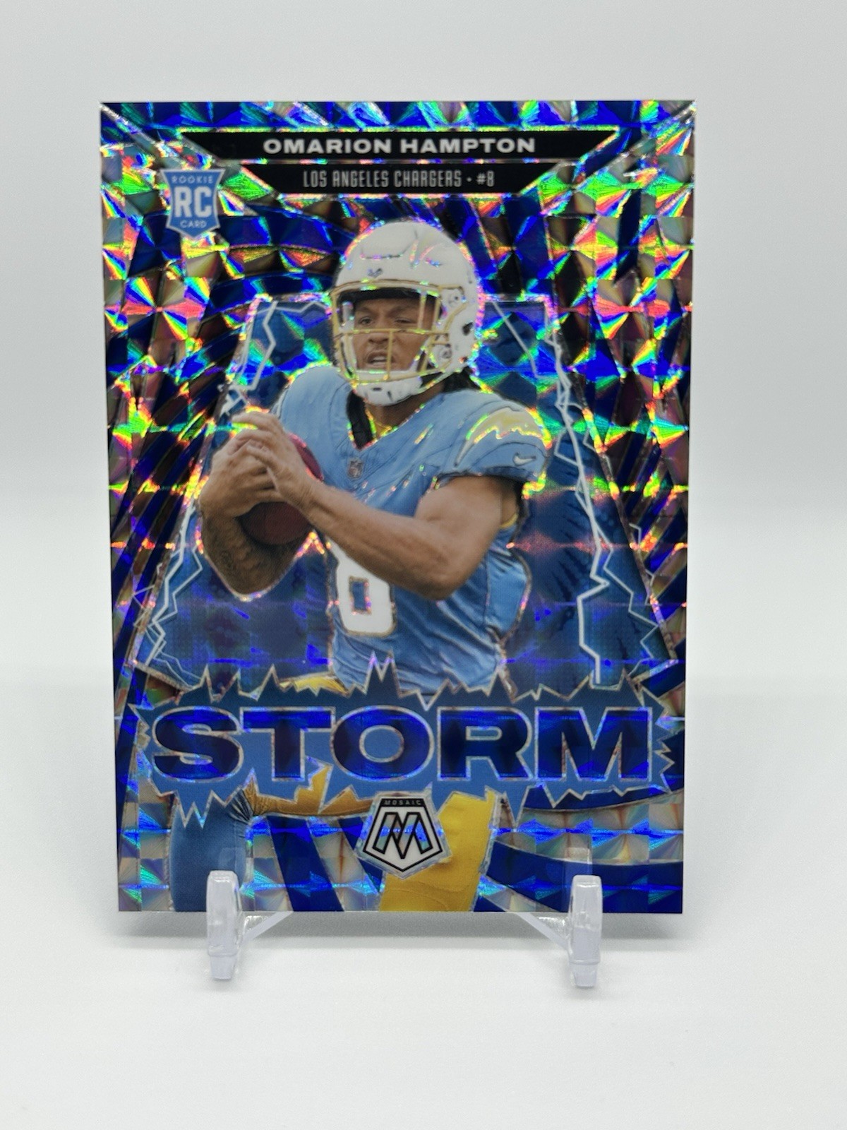 2025 Panini Mosaic Omarion Hampton #14 Storm Blue Prizm /99 Rookie RC