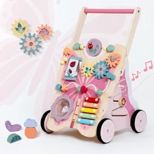 Wooden Baby Push Walker Girls Toddler Kids Activity Center Pink Butterfly Mon...