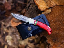 Custom Handmade Damascus Steel Folding EDC pocket Knife with Leather Sheath