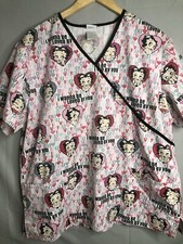 BETTY BOOP King Features Pink Hearts SCRUB Top Two Pockets Size XL