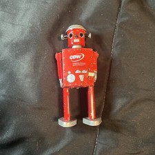 Vtg ATOMIC MAN ROBOT Red Wind Up Tin Toy CDW Advertising Schylling WORKING