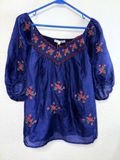 NWT Blue Tassel Embroidered Navy Silk Boho Blouse, Size S