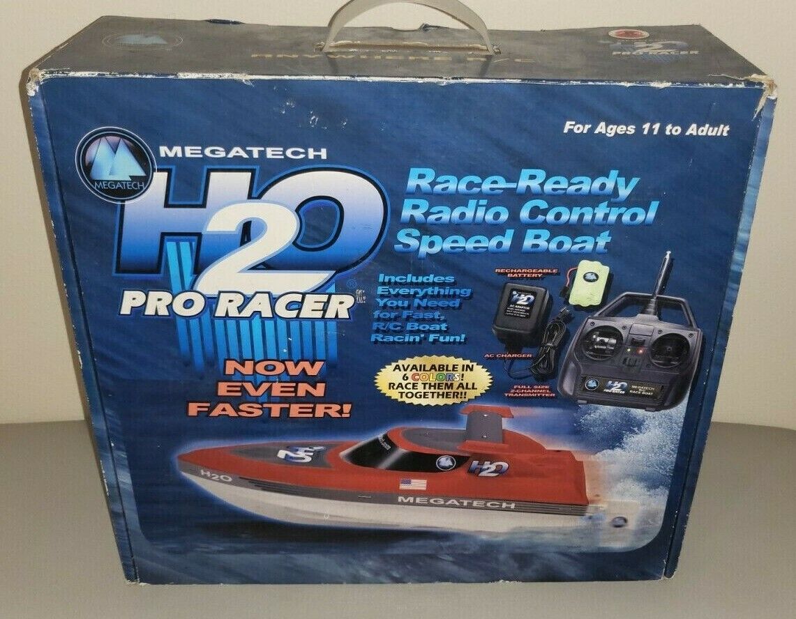 MEGATECH H20 PRO RACER RC RADIO CONTROL SPEED BOAT W/CONTROL & BOX RARE L@@K