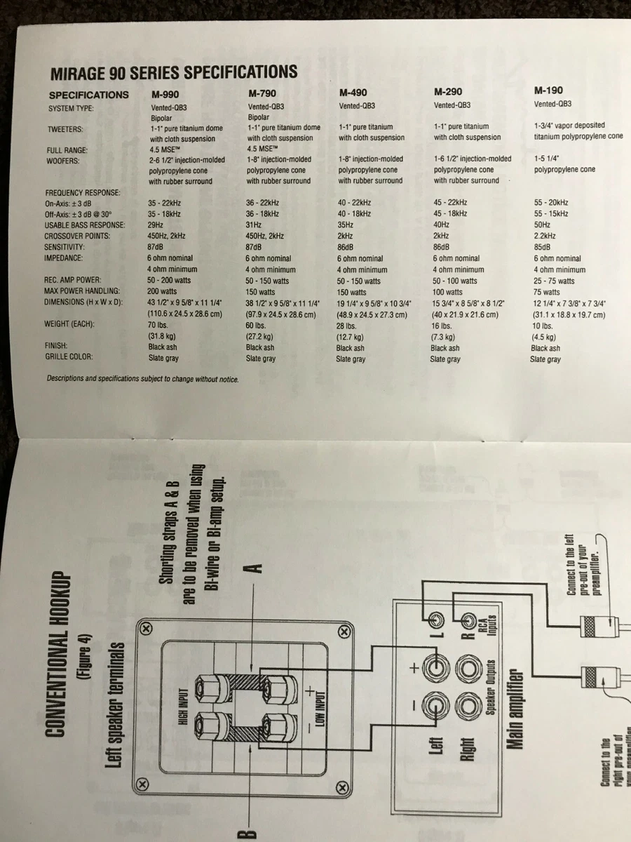 Mirage Speakers 90 Series Owners Manual for M 990 M 790 M 490 M