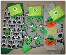 St Patricks Day Socks! 2 Crew length Unicorn & Raccoon 1 low cut So Lucky right 