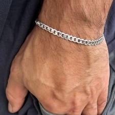Real Italy 925 Sterling Silver Flat Cuban Link Chain Bracelet Mens  Women 5MM