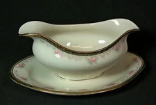 HTF Vintage Johnson Brothers Gravy Boat With Attached Underplate Pink Roses