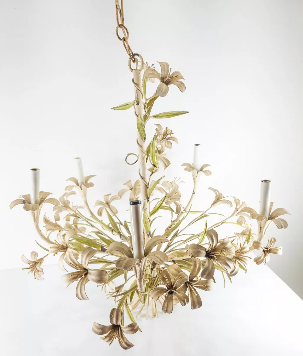 Antique French Tole Toleware Decorative Floral Chandelier Hanging Light Fixture