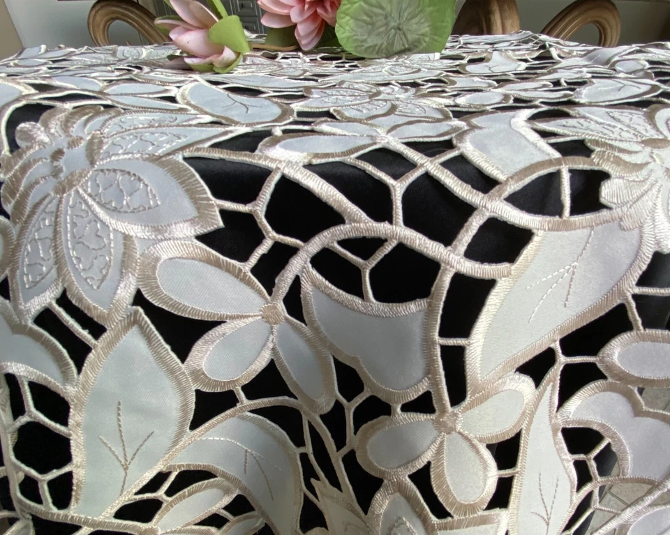 Vintage Embroidered Full Hand Cut Table Topper/Runner/Doily Ivory 36x36" RD/SQ - Image 4 of 4