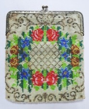 Antique Edwardian Ladies Bag Purse Glass Beaded Beadwork Steel Framed Flowers