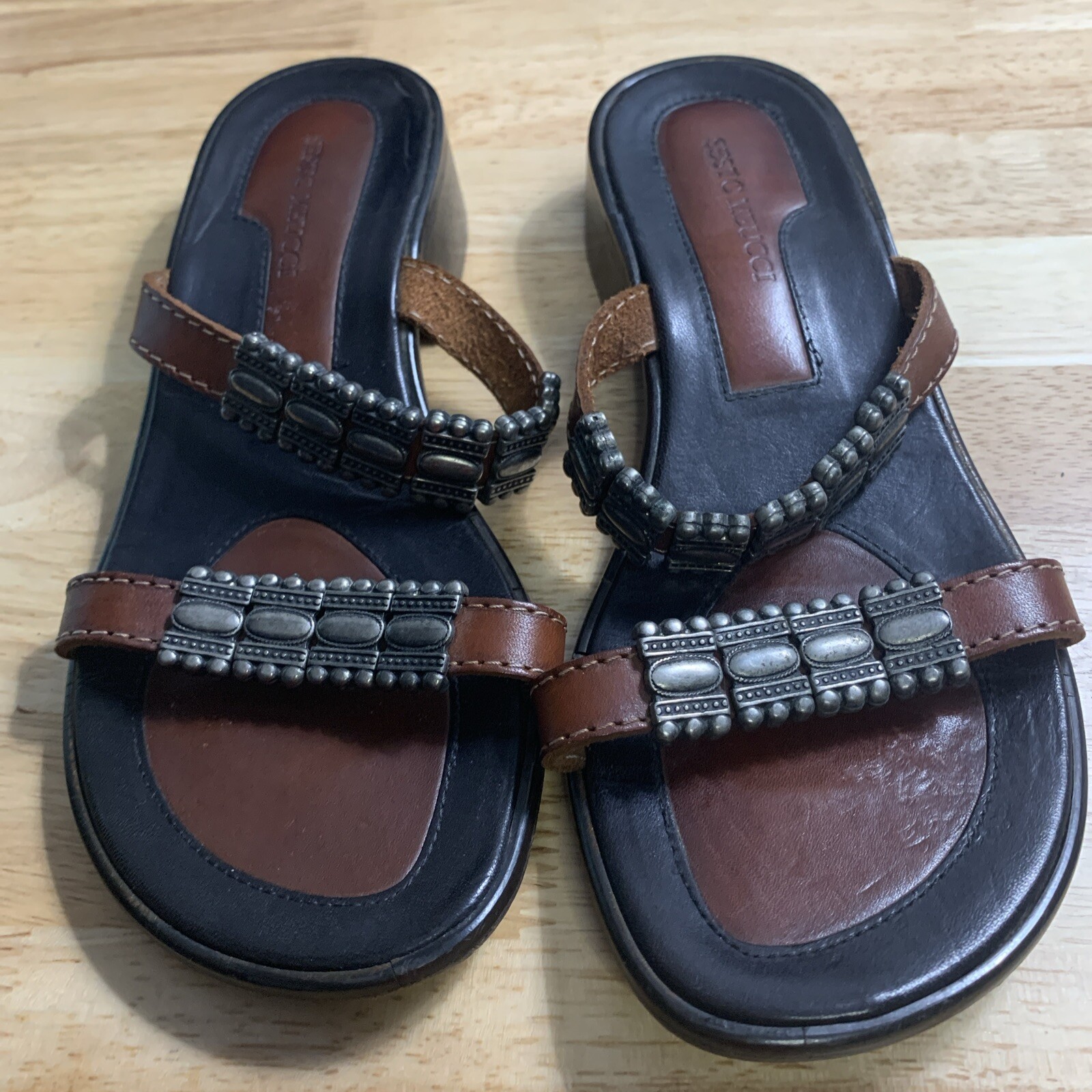 Sesto Meucci Sandals Womens 6 M Made in Italy Leather Silver Metal Slides
