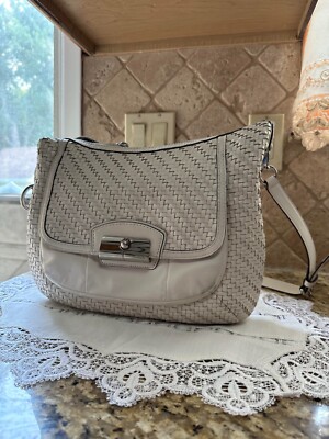 COACH White Weave Double Handle Leather Strap Purse Handbag