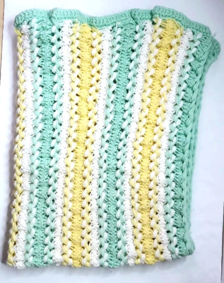 Baby Blanket 43'' Square Receiving Carry Handmade Knitted Green White Yellow