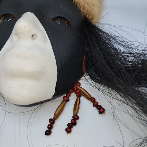Vintage Native American Art Pottery Mask Horse Hair Face Paint Fur Feather Beads - Picture 4 of 6