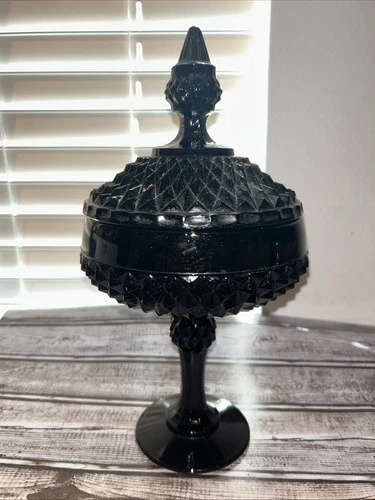 Vintage Indiana Glass Black Milk Pedestal Candy Dish with Lid