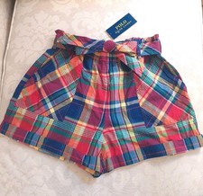 NEW Polo Ralph Lauren Girl's Madras Plaid 100 Cotton Tie Shorts Size 16 60