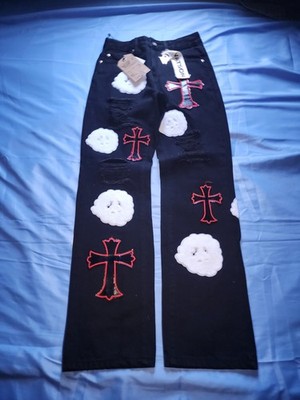 WATSON MEN'S DENIM BLACK JEANS WITH PATCHWORK CLOUD-CROSSES SIZE 28W/32L NEW!!!