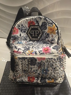 Philipp Plein Damen Rucksack klein mehrfarbig Blumen Nieten Reißverschluss Leder