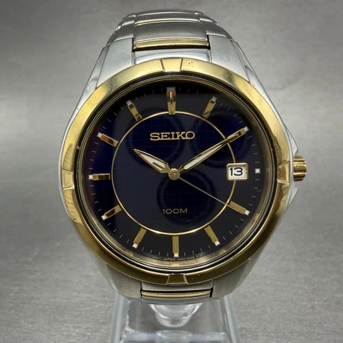 Seiko Watch Men 38mm Blue Dial Two Tone Date Round 7N42-0DW0 New Battery