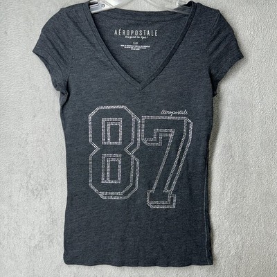 Aeropostale Gray Rhinestone 87 Tee Shirt V Neck Short Sleeve Women's Small
