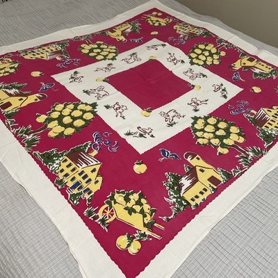 VTG Startex Linen Tablecloth 46x50 Sheep Farm House Fruit Red Yellow Green **