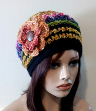 crochet womans handmade flower hat beanie rainbow black puffs USA